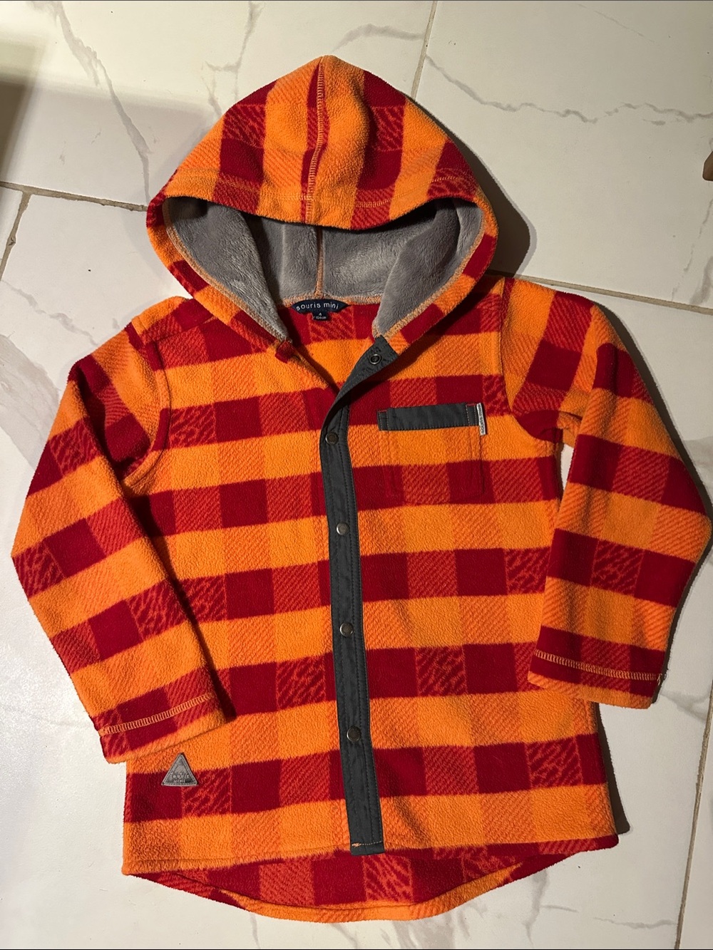 Kids Hooded Fleece Jacket - Orange & Red Plaid
